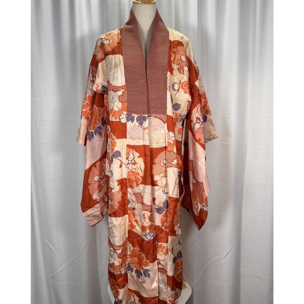 Vintage Japanese Silk Kimono Red Orange Floral Rinzu Pattern Hand Sewn Lined